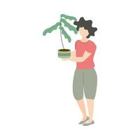 Mujer sostiene planta en maceta icono de jardinería sobre fondo blanco. vector