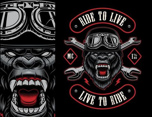 Colorful biker patch with a gorilla biker