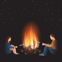 Bonfire with boy and girl cooking marshmallow vector