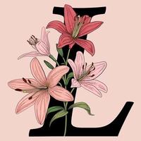 Letra l vector logo monograma con flores de lirio rosa