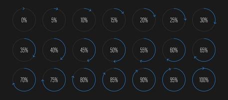 conjunto de diagramas de porcentaje de arco semicírculo medidores de barra de progreso de 0 a 100 para interfaz de usuario de diseño web ui o indicador infográfico con azul vector