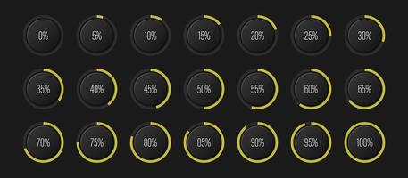 conjunto de diagramas de porcentaje de arco semicírculo metros de barra de progreso de 0 a 100 para interfaz de usuario de diseño web ui o indicador infográfico con amarillo vector