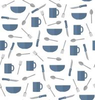 Patrón de vector transparente con cubiertos, tenedor, cuchara, cuchillo, cuenco y taza sobre fondo blanco, perfecto para papel tapiz, papel de envolver, textil o tela
