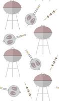 Seamless vector pattern with barbeque fish and mushrooms on a white background Perfect for wallpaper wrapping paper textile or fabric