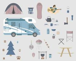 Conjunto de elementos de camping y senderismo para la ilustración de vector de vacaciones locales en estilo plano