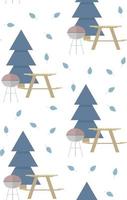 Seamless vector pattern with barbeque wooden table bench leaves and fir tree on a white background Perfect for wallpaper wrapping paper textile or fabric