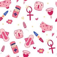 Seamless pattern with feminine hygiene items Wallpaper with menstruation tampons pads menstrual cups For fabric wrapping paper background textile design Period ornament menstruation clipart vector