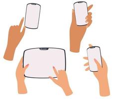 Hands holding phone tablet smartphone Set of different gestures Phone in hand Vector flat illustration