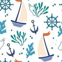 Seamless pattern with ships anchors and seaweed Background with marine elements Cute texture for kids room design Wallpaper textiles wrapping paper apparel Vector cartoon flat illustration