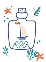 Sailing ship in the bottle Sailboat starfish seaweed and bottle This illustration can be used as a print on T shirts and bags Nautical badge design Vector cartoon flat illustration