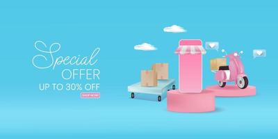 Online shopping store with mobile application digital marketing and sale banner background vector