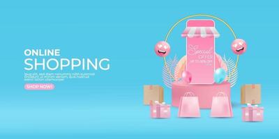 Online shopping store with mobile application digital marketing and sale banner background vector