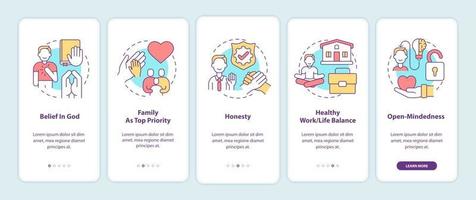 Personal values onboarding mobile app page screen with concepts vector