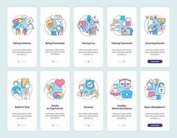 Corporate values onboarding mobile app page screen with concepts set vector