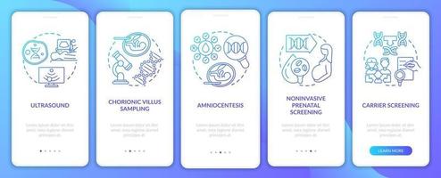 Genetic diseases testing navy onboarding mobile app page screen with concepts vector