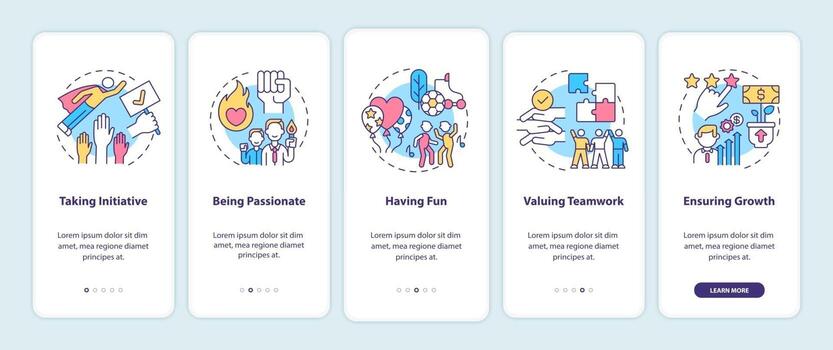 Basic corporate core values onboarding mobile app page screen with concepts vector
