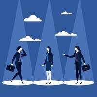 Businesswomen with suitcase and clouds on blue background vector design