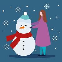 merry christmas woman with snowman vector design