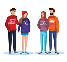 men and women with merry christmas sweaters vector design