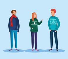 people with merry christmas sweaters vector design