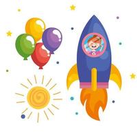 girl cartoon in rocket with balloons vector design