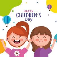 Happy childrens day with girls cartoons vector design