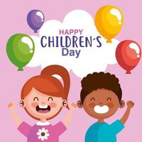 Happy childrens day with boy and girl cartoons vector design
