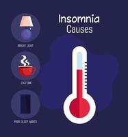 insomnia causes thermometer temperature and icon set vector design