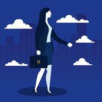 Businesswoman with suitcase and clouds in front of city buildings vector design