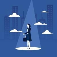 Businesswoman with suitcase and clouds in front of city buildings vector design