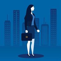 Businesswoman with suitcase in front of city buildings vector design