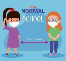 New normal school social distance between girls kids with masks vector design