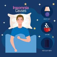 El insomnio causa al hombre en la cama con almohada y diseño vectorial de conjunto de iconos vector