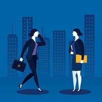 Businesswomen with suitcase and file in front of city buildings vector design