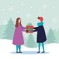 merry christmas boy and girl kids with gift vector design