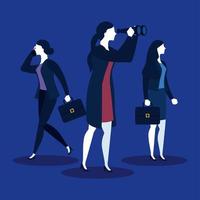 Mujeres empresarias con maleta y binoculares sobre fondo azul diseño vectorial vector