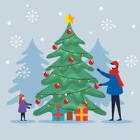 merry christmas father and son with pine tree and gifts vector design