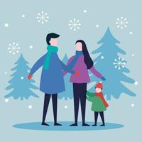 merry christmas mother father and boy kid with pine trees vector design