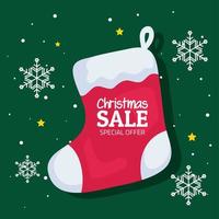 merry christmas offer sale in boot with snowflakes vector design