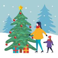 merry christmas mother and daughter with pine tree and gifts vector design