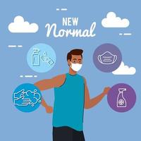 New normal of man with mask running and icon set vector design