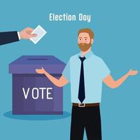 Election day man and hand holding vote paper and box vector design