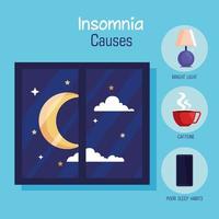 insomnia causes moon at window and icon set vector design