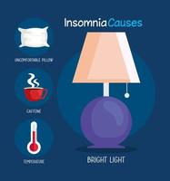 insomnia causes bright light lamp and icon set vector design