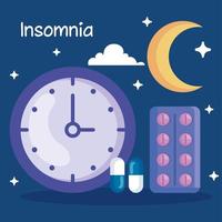 reloj de insomnio y pastillas de diseño vectorial vector