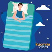 insomnia causes man on bed with pillow and clouds vector design