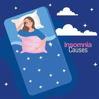 El insomnio causa a la mujer en la cama con almohada y diseño vectorial de nubes vector
