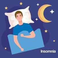 insomnio, hombre, cama, con, almohada, y, luna, vector, diseño vector