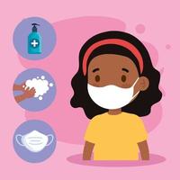 New normal school of black girl kid with mask and icon set vector design