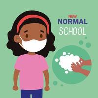 New normal school of black girl kid with mask and hands washing vector design